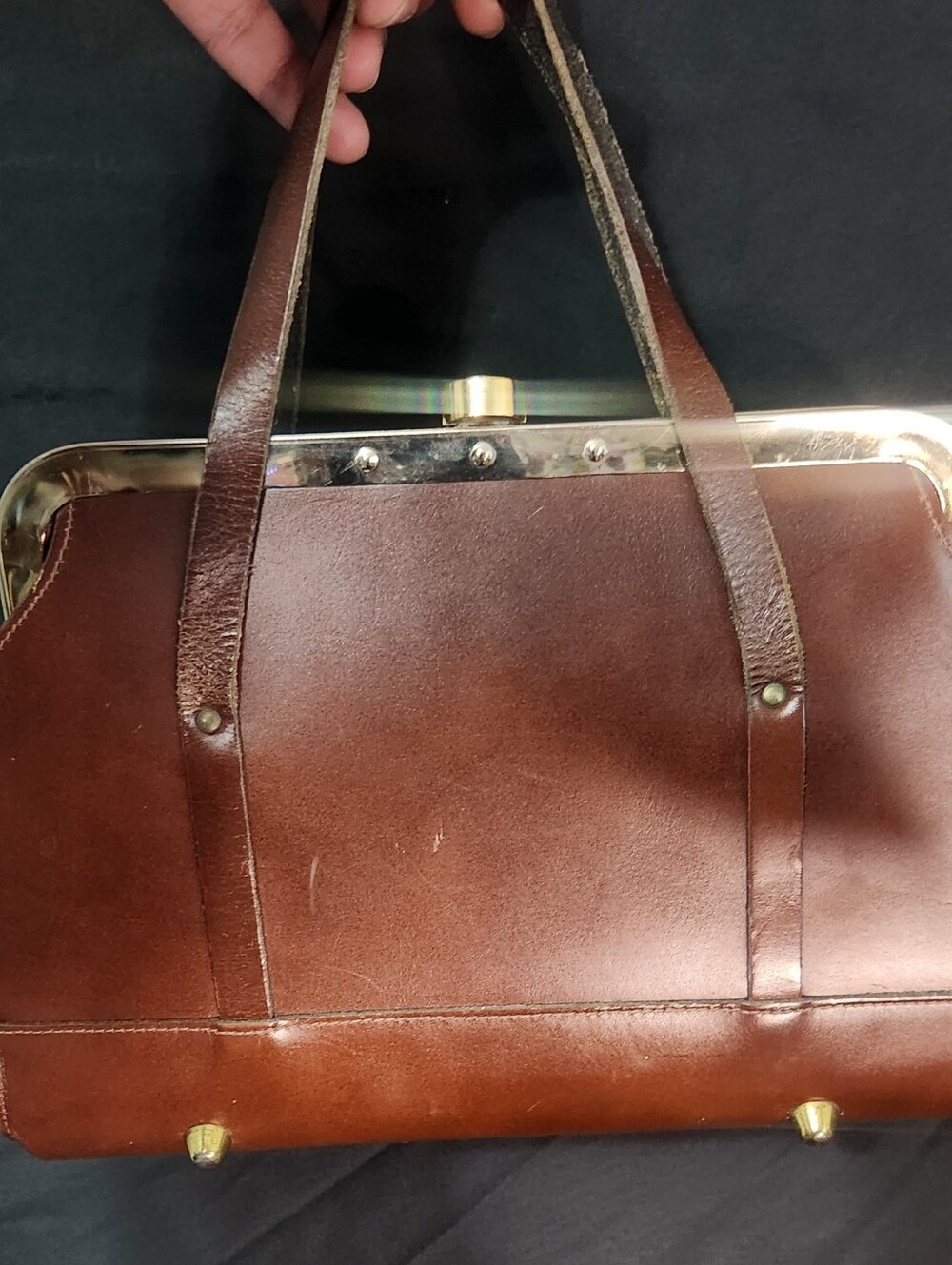 Vintage Brown Leather Frame Handbag Double Top Handle Gold Tone Mid Century